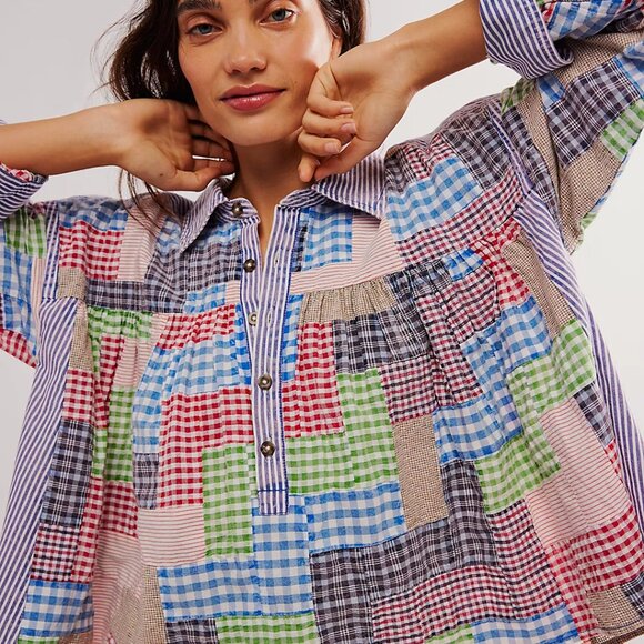 095 Free People We The Free Hand-Patched Quilted Babydoll Top NWOT Size Small - Picture 1 of 8